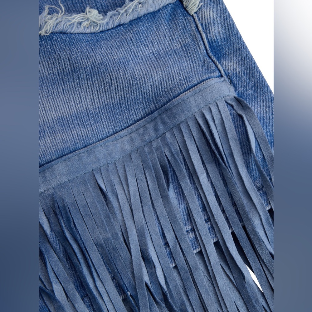 Oyrosy Vintage Washed Raw Edge Tassel Light Blue Denim Culottes NWT - Picture 5 of 15